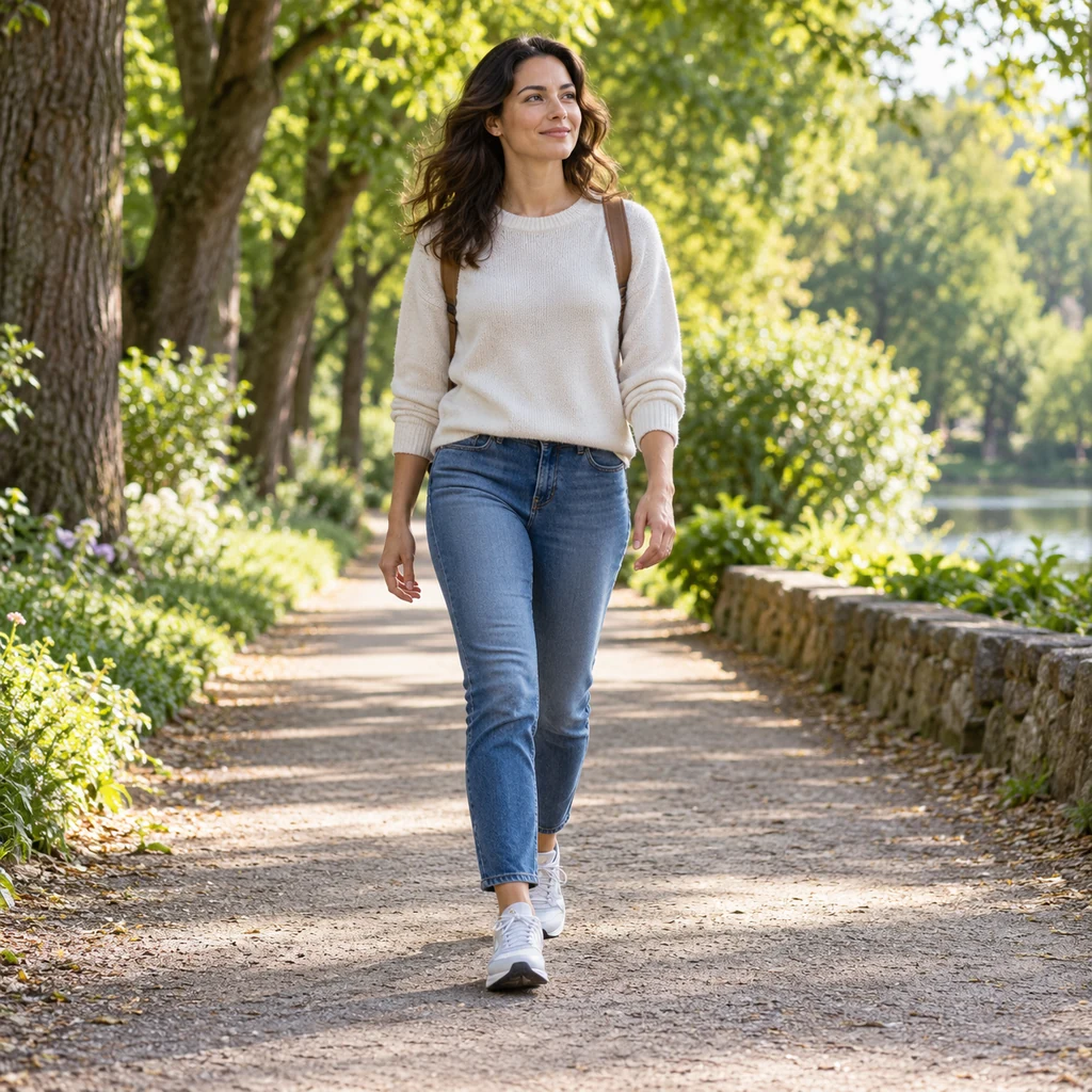 Adult walking on a level tree-lined path in comfortable shoes