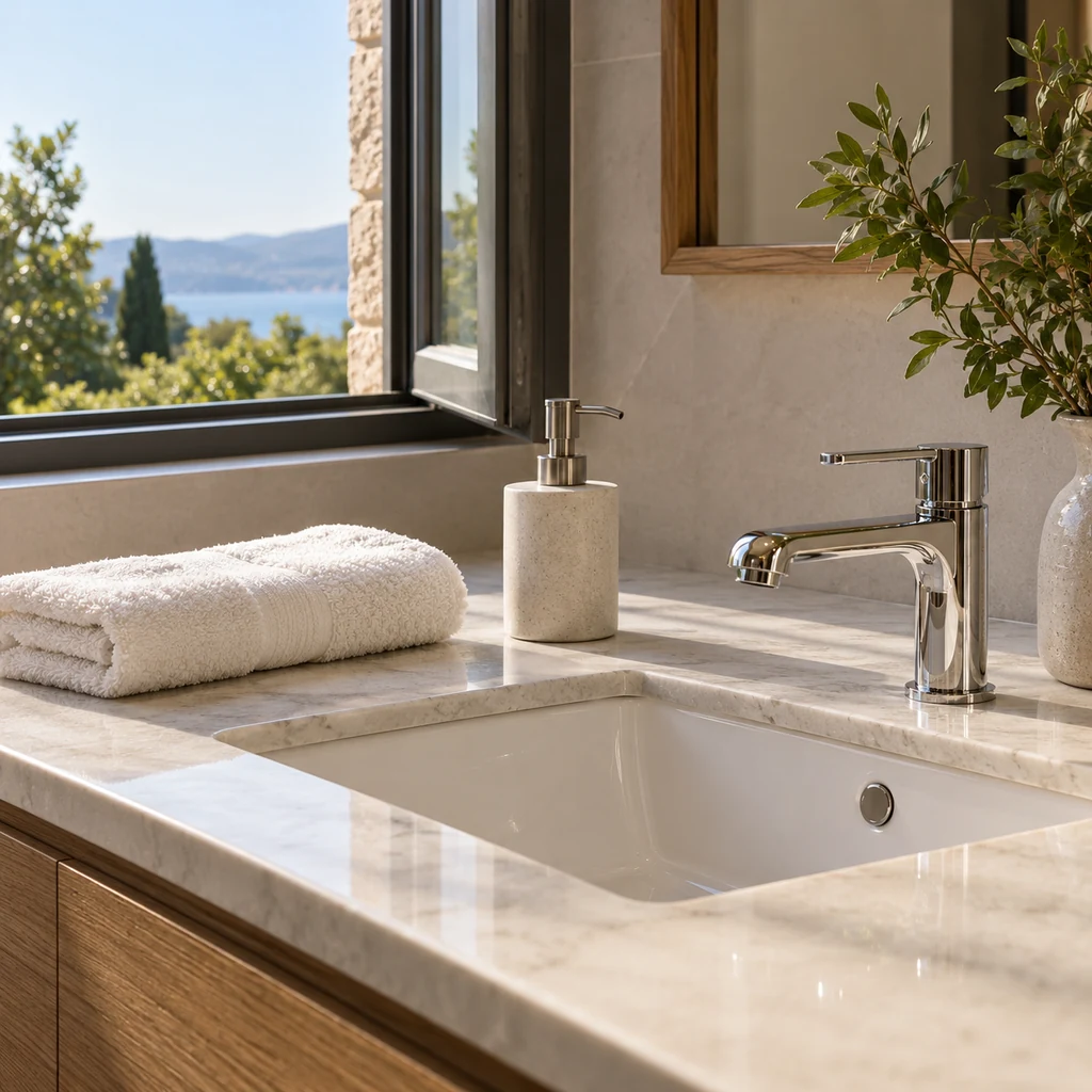Soap dispenser and clean towel beside a sink near an open window