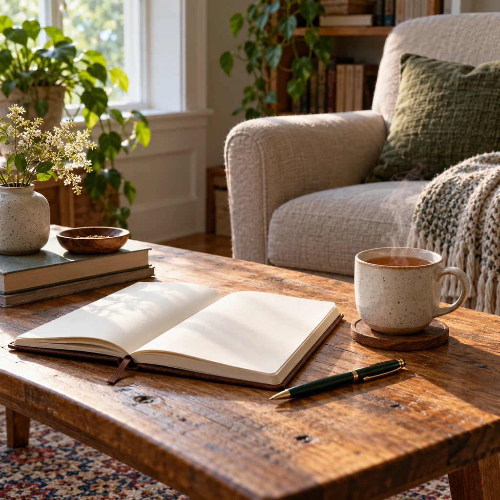 Open journal and warm tea beside a comfortable chair in a calm room