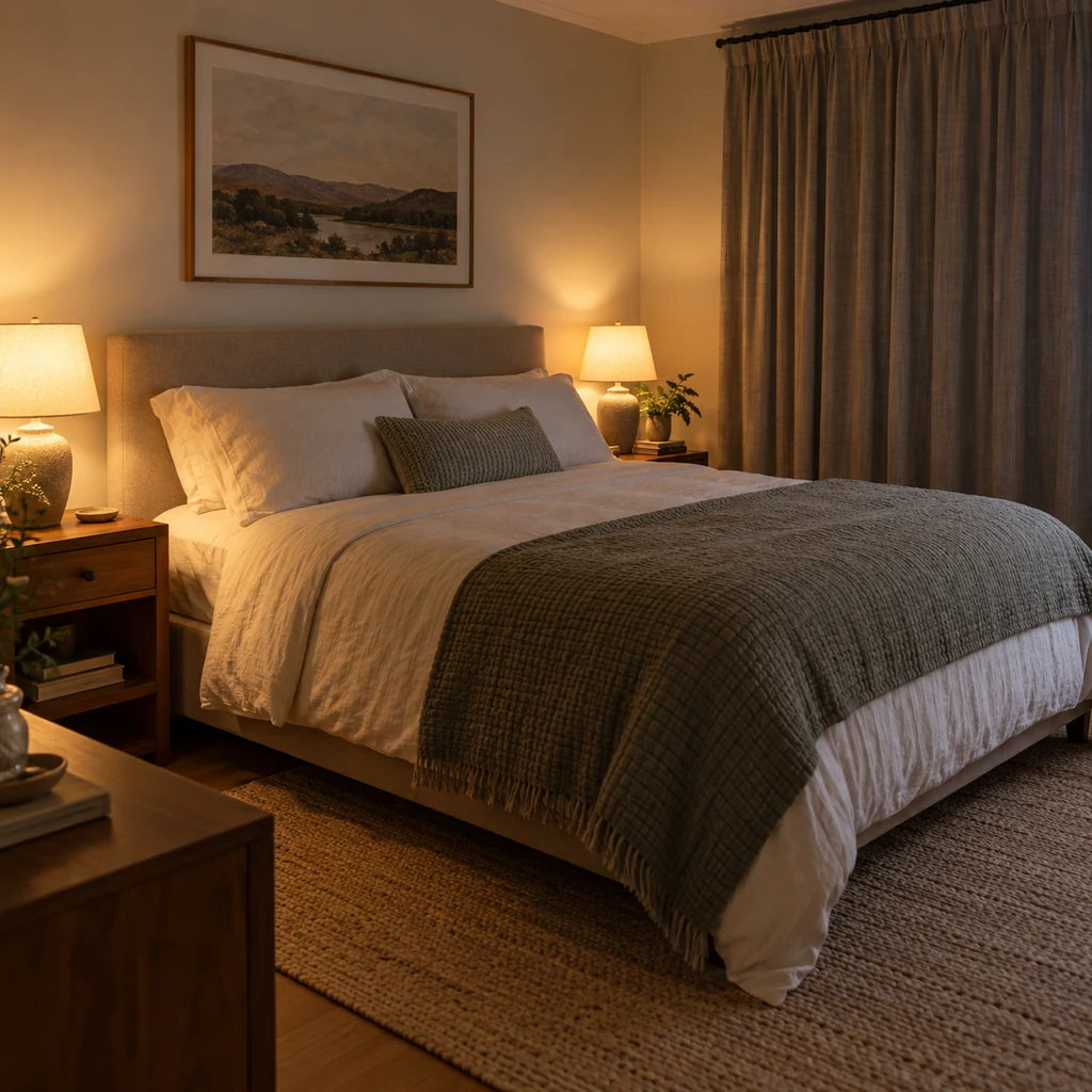 Quiet bedroom with neatly made bed, soft lamp and closed curtains