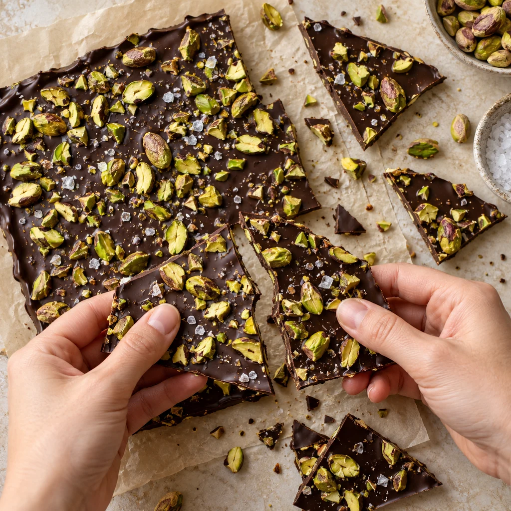 Set pistachio chocolate bark being broken into irregular pieces by hand