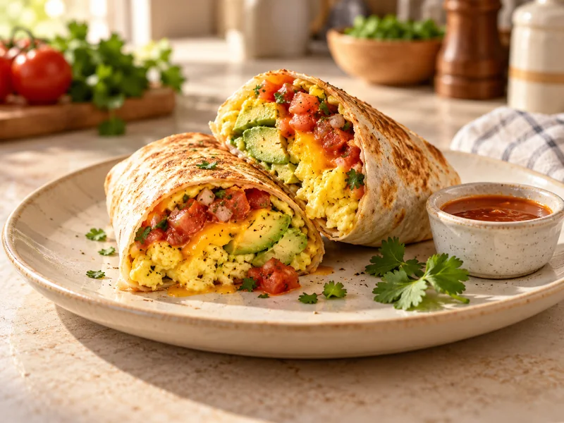 A breakfast burrito cut into two halves showing eggs, avocado, salsa and cheese on a plate