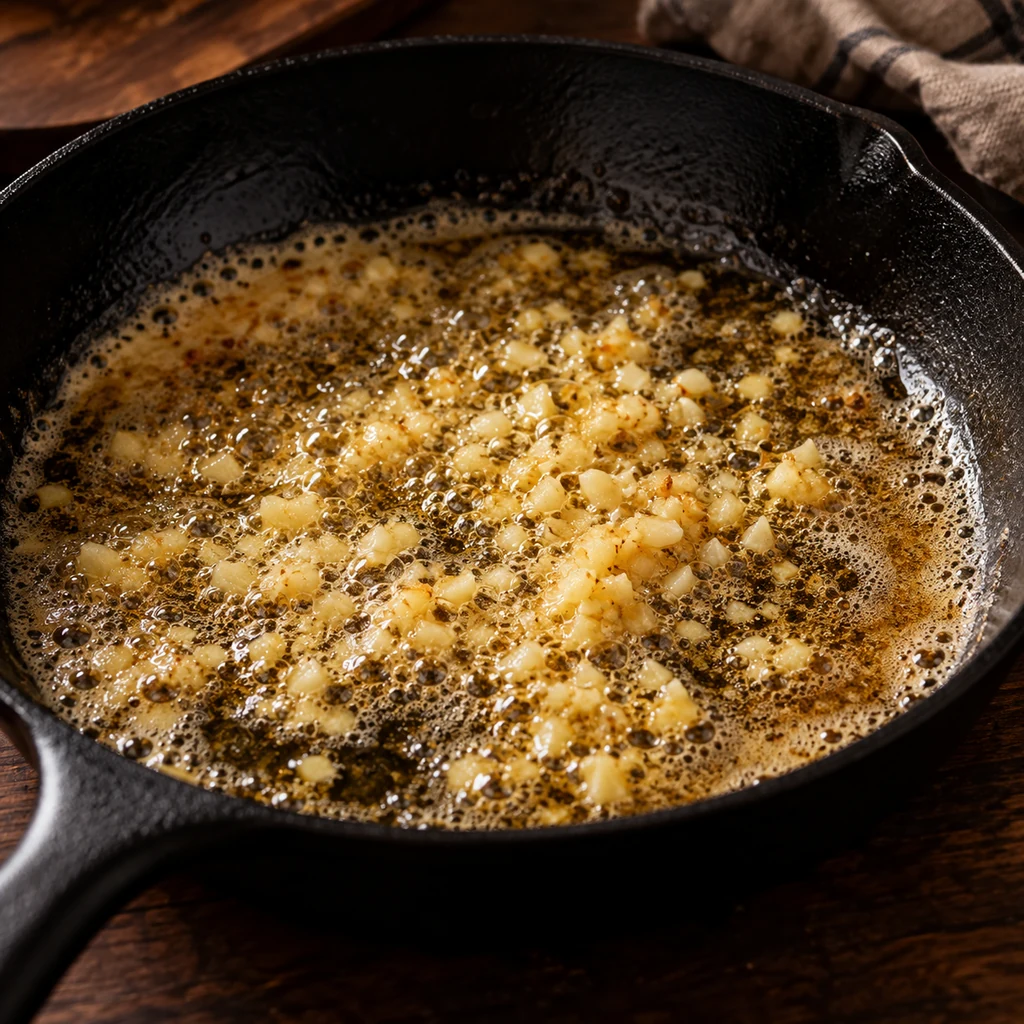 Minced garlic gently sizzling in lightly browned butter in a black cast-iron skillet