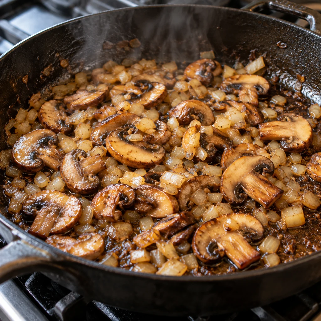 Sliced cremini mushrooms and diced onion browning in the chicken skillet