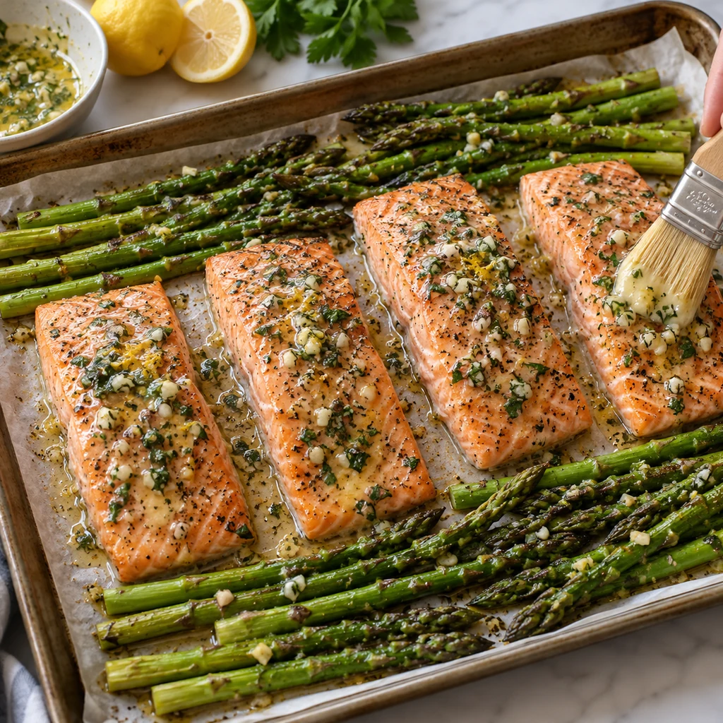 Garlic lemon herb butter being brushed over salmon beside asparagus on a sheet pan