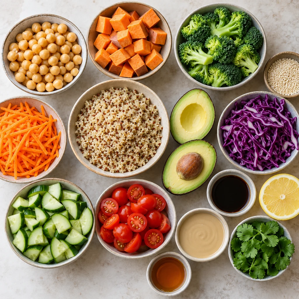 Quinoa, chickpeas, sweet potato, broccoli, avocado, carrots, cucumber, cabbage, tomatoes, tahini, lemon and herbs arranged for a Buddha bowl