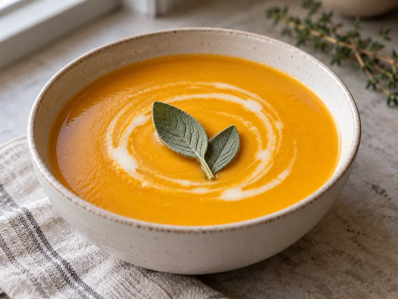 Smooth butternut squash soup in a ceramic bowl with a cream swirl and fresh sage leaves