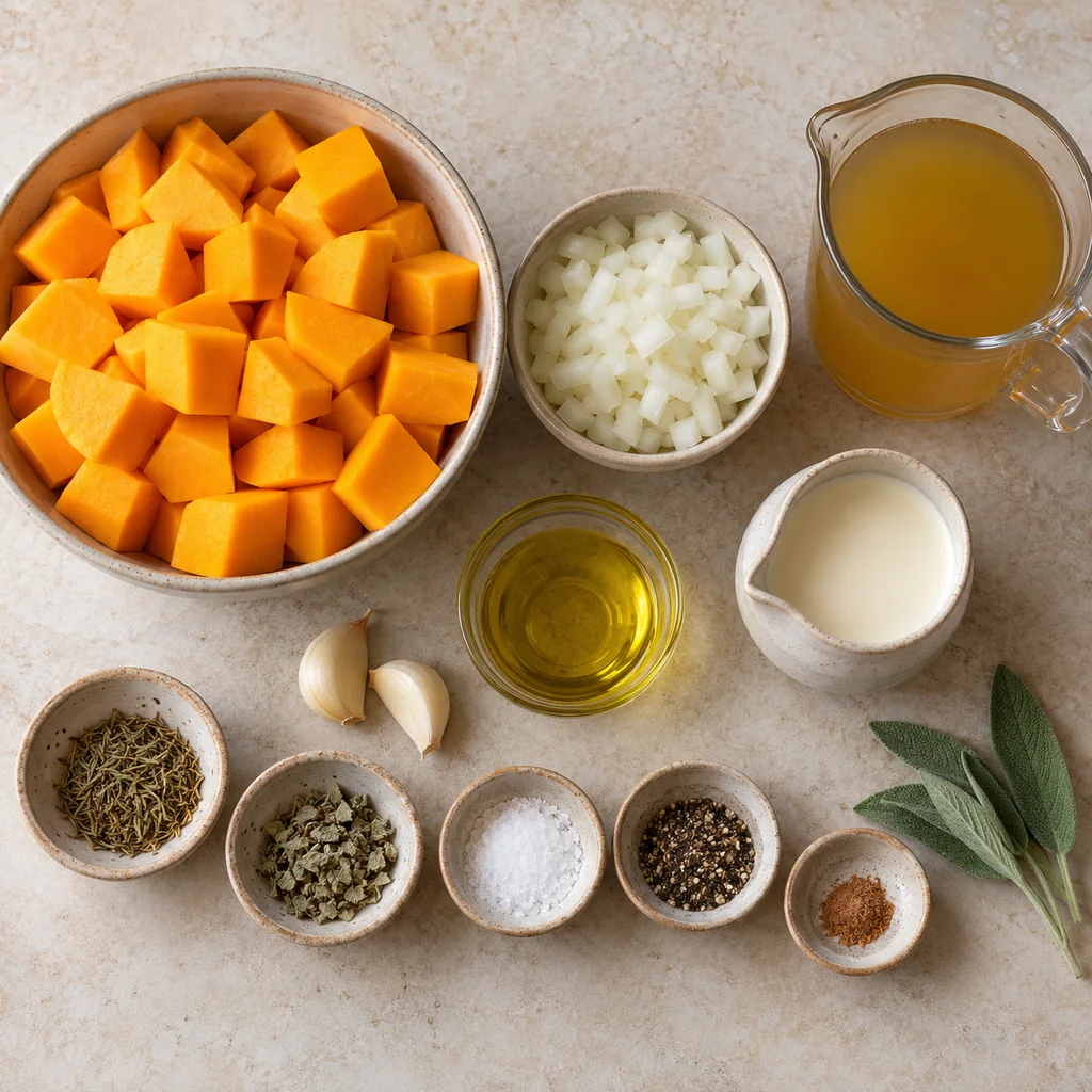 Cubed butternut squash, onion, olive oil, garlic, vegetable broth, cream, thyme, sage, salt, pepper and nutmeg arranged separately