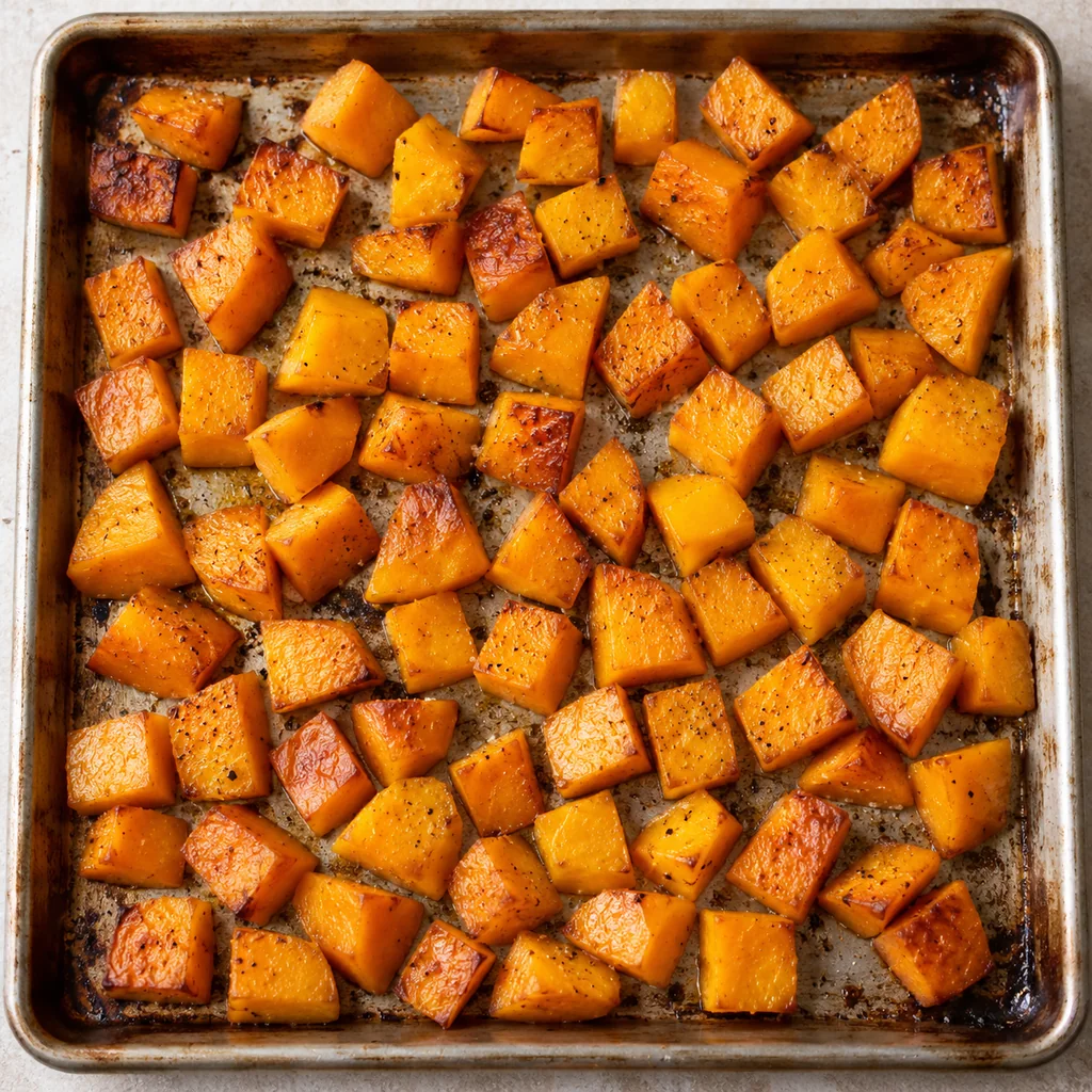 Cubed butternut squash with golden caramelized edges spread on a metal baking sheet