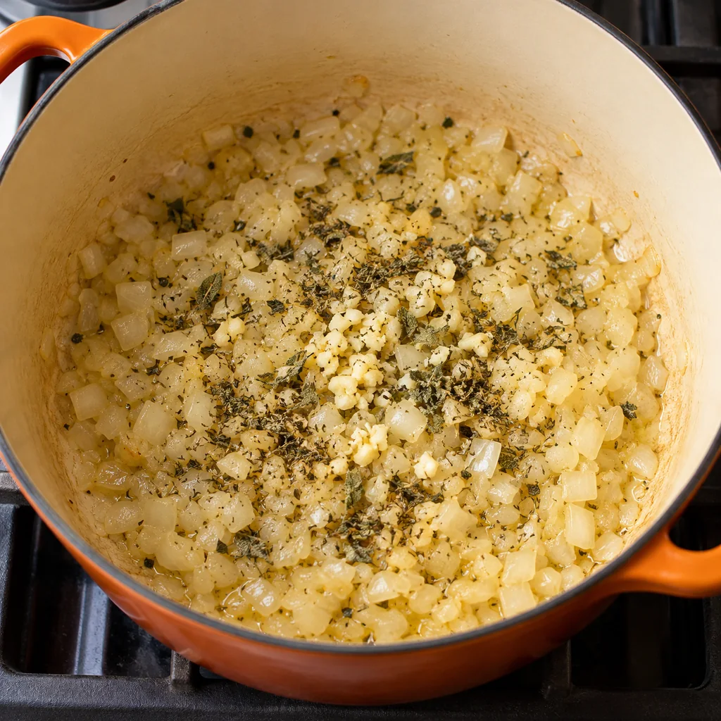 Chopped onion and minced garlic softening with sage and thyme in a soup pot