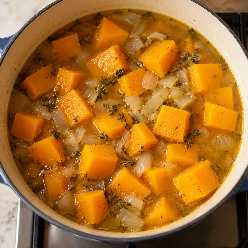 Roasted butternut squash cubes and softened onion simmering in vegetable broth