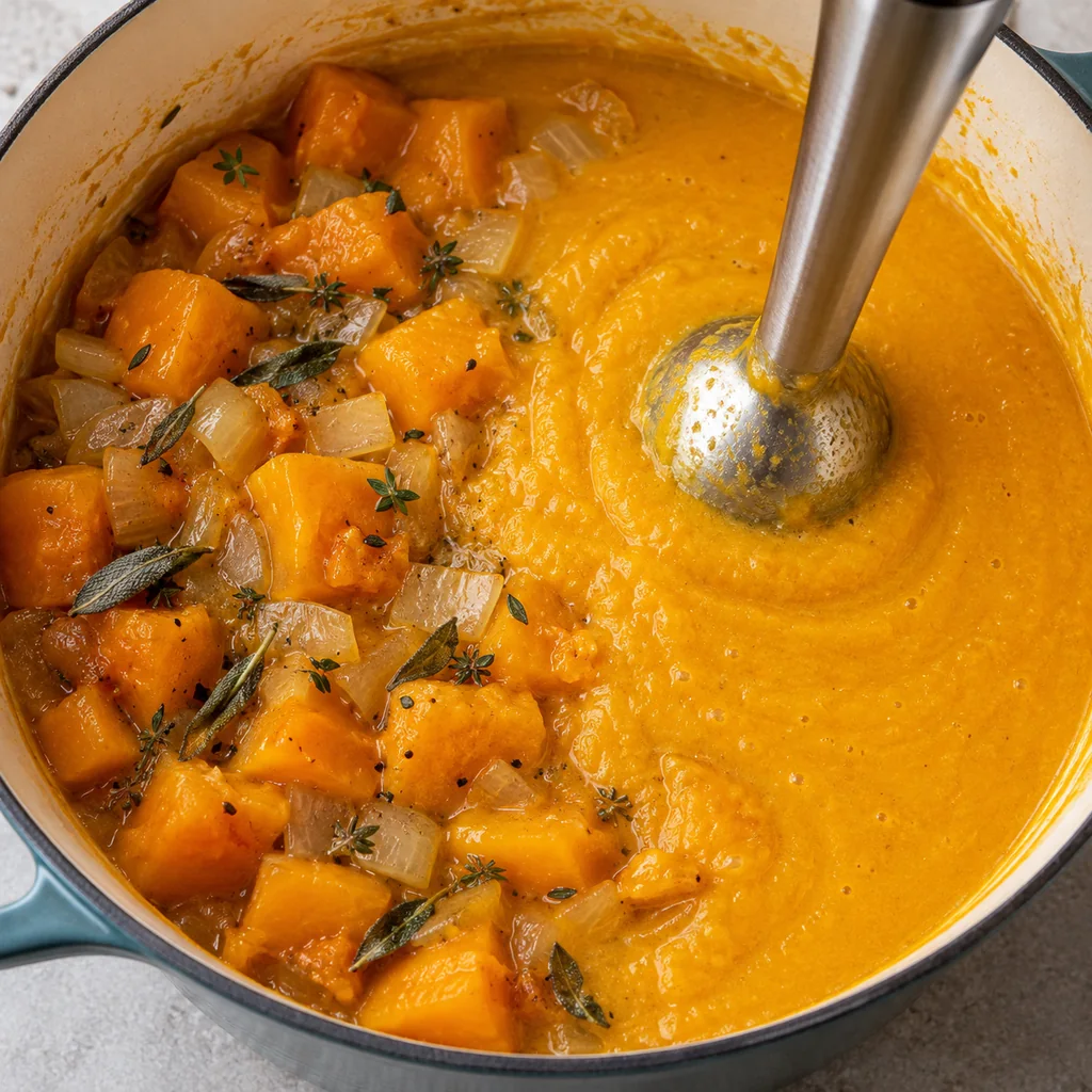 Immersion blender pureeing squash soup in a pot with smooth and still-chunky portions visible