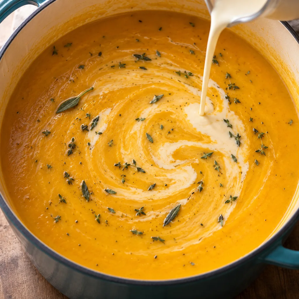 Cream being stirred into fully blended orange butternut squash soup in a pot