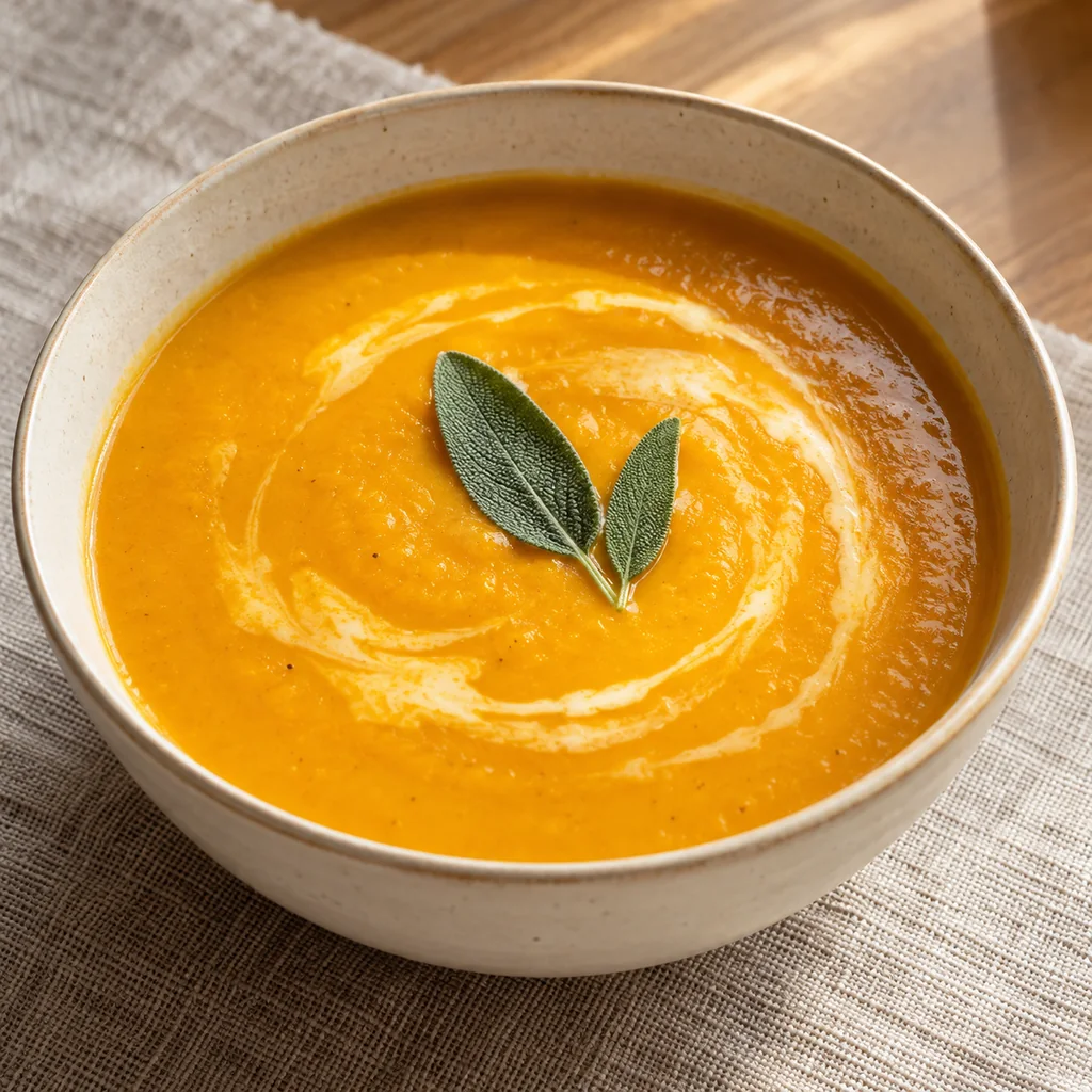 Finished creamy orange butternut squash soup in a ceramic bowl with fresh sage leaves