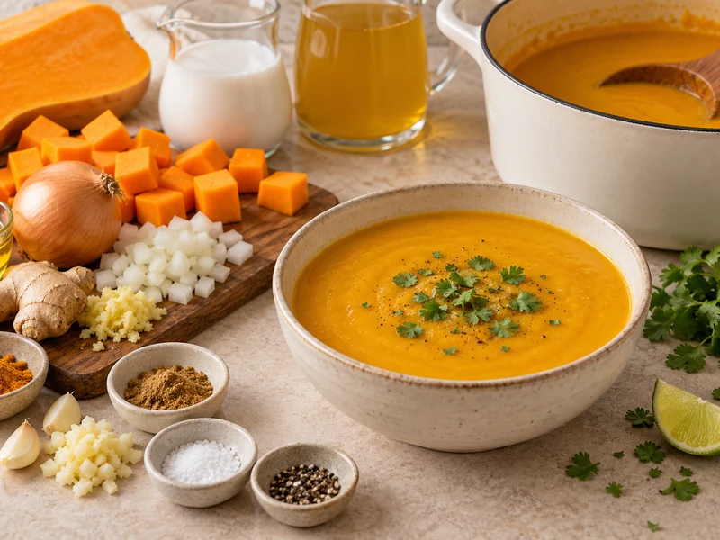 Finished butternut squash coconut ginger soup in a cream bowl with cilantro