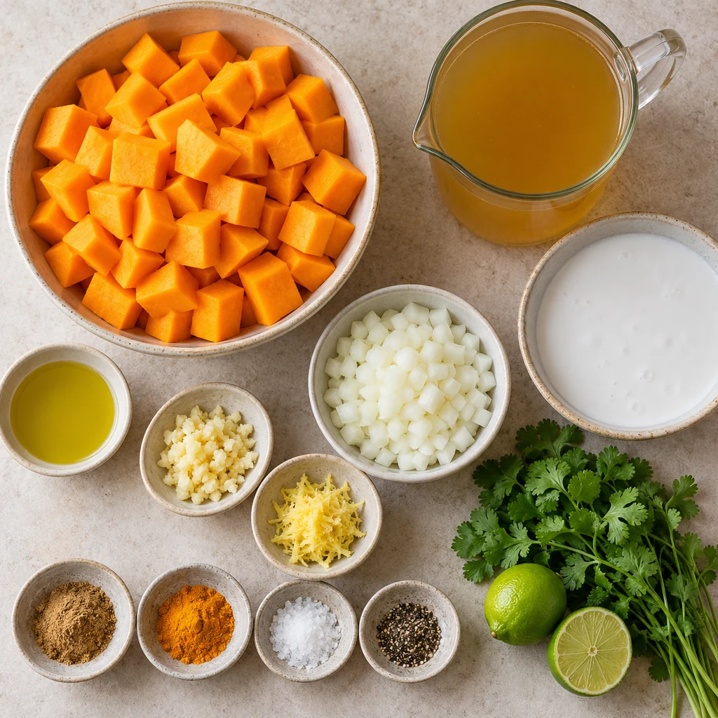 Cubed butternut squash, olive oil, onion, garlic, ginger, coconut milk, vegetable broth, spices, cilantro and lime arranged for soup