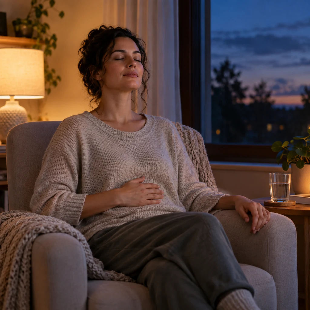 Woman seated comfortably with one hand on her abdomen during a slow breathing practice