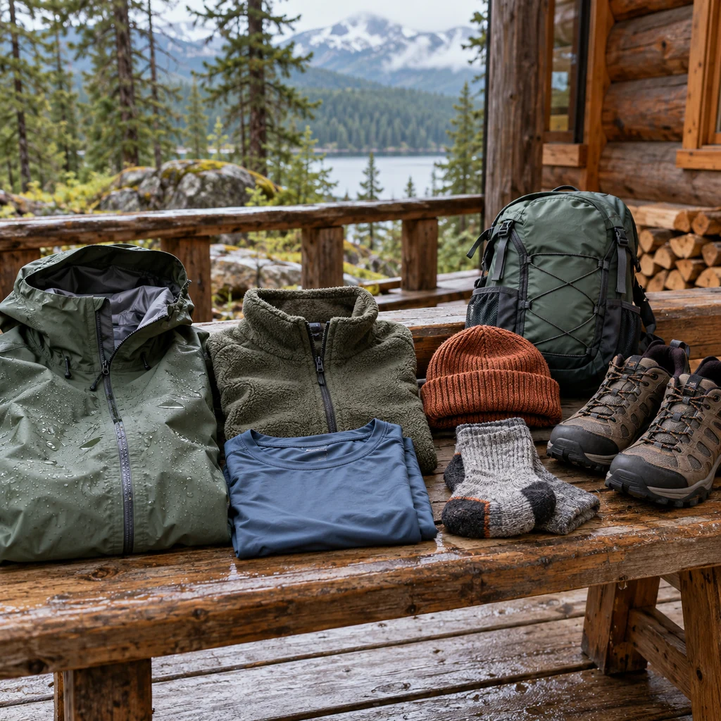 Rain jacket, fleece, base layer, hat, socks, hiking shoes, and daypack