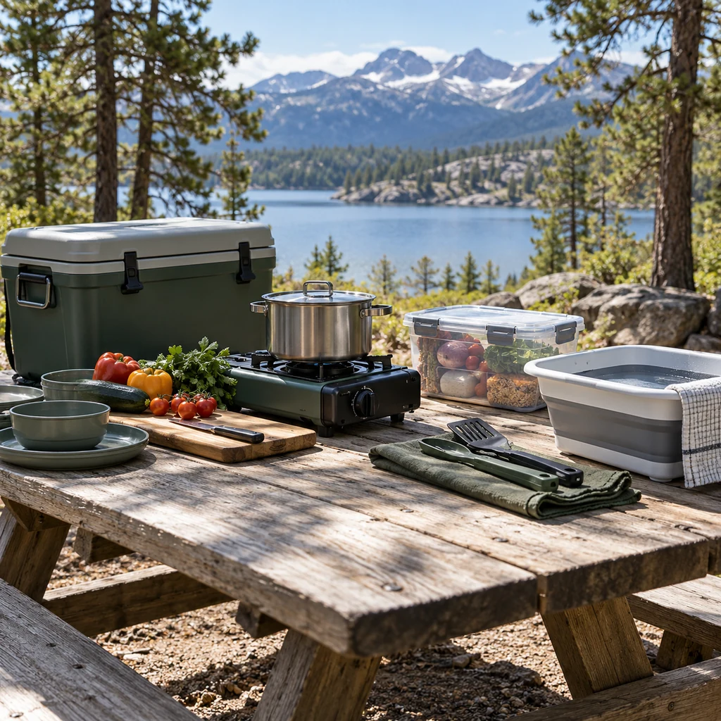 Organized camp kitchen with stove, cookware, cooler, and wash basin