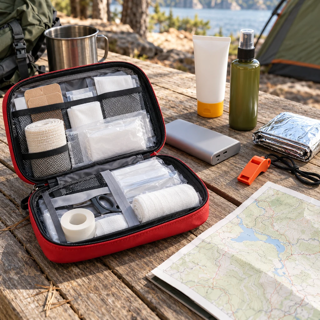 First-aid kit, map, whistle, emergency blanket, power bank, and sun protection
