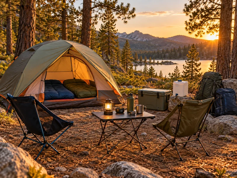 Organized beginner campsite with tent, sleeping bags, chairs, table, cooler, water, lantern, and backpacks