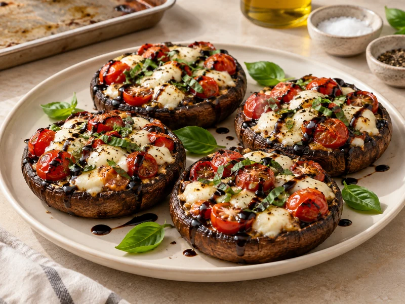 Four finished Caprese stuffed portobello mushrooms with melted mozzarella, tomatoes, basil and balsamic drizzle