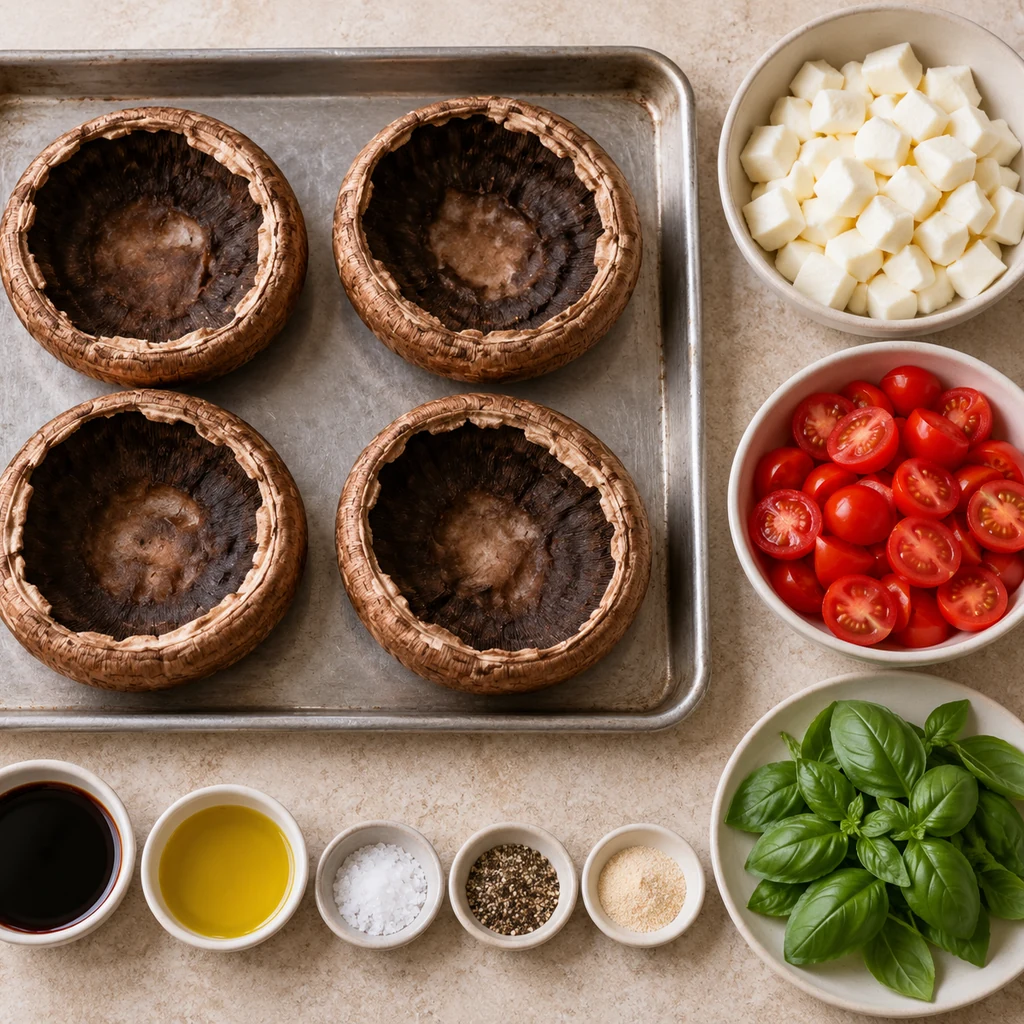 Four portobello caps, fresh mozzarella, cherry tomatoes, basil, balsamic vinegar, olive oil and seasonings arranged for stuffing