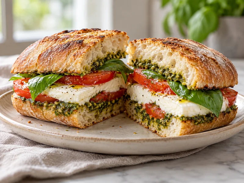 Caprese sandwich halves with toasted bread, basil pesto, mozzarella, tomato and basil