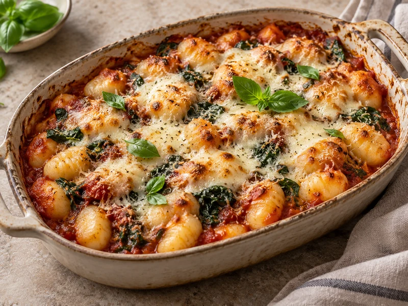Cheesy baked gnocchi with spinach, marinara, mozzarella and Parmesan