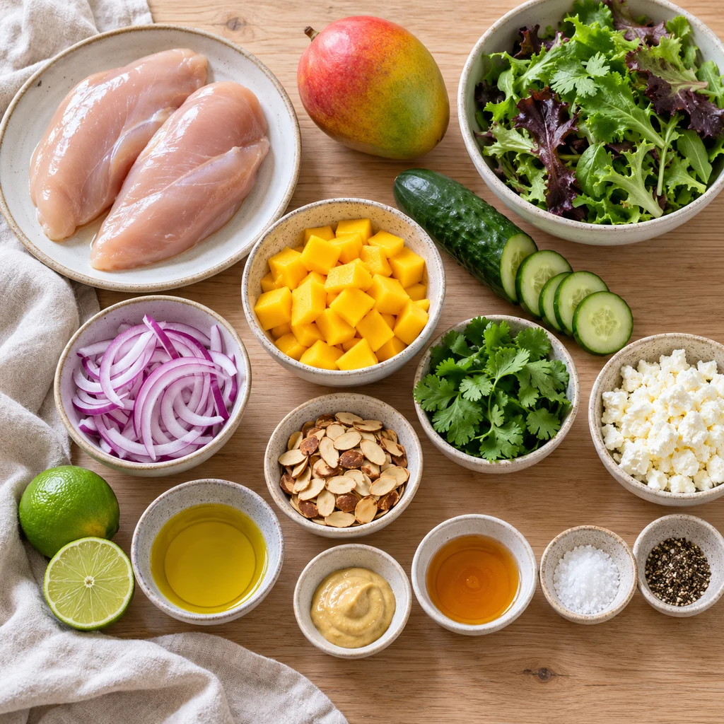 Chicken breasts, mango, greens, cucumber, onion, cilantro, feta, almonds, lime and dressing ingredients