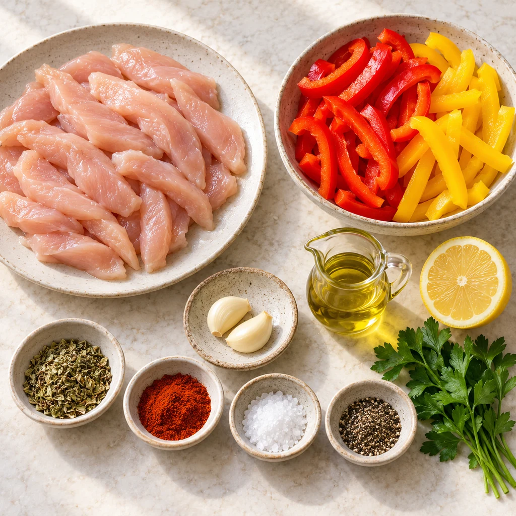 Chicken strips, bell peppers, garlic, olive oil, lemon and seasonings for chicken sauté