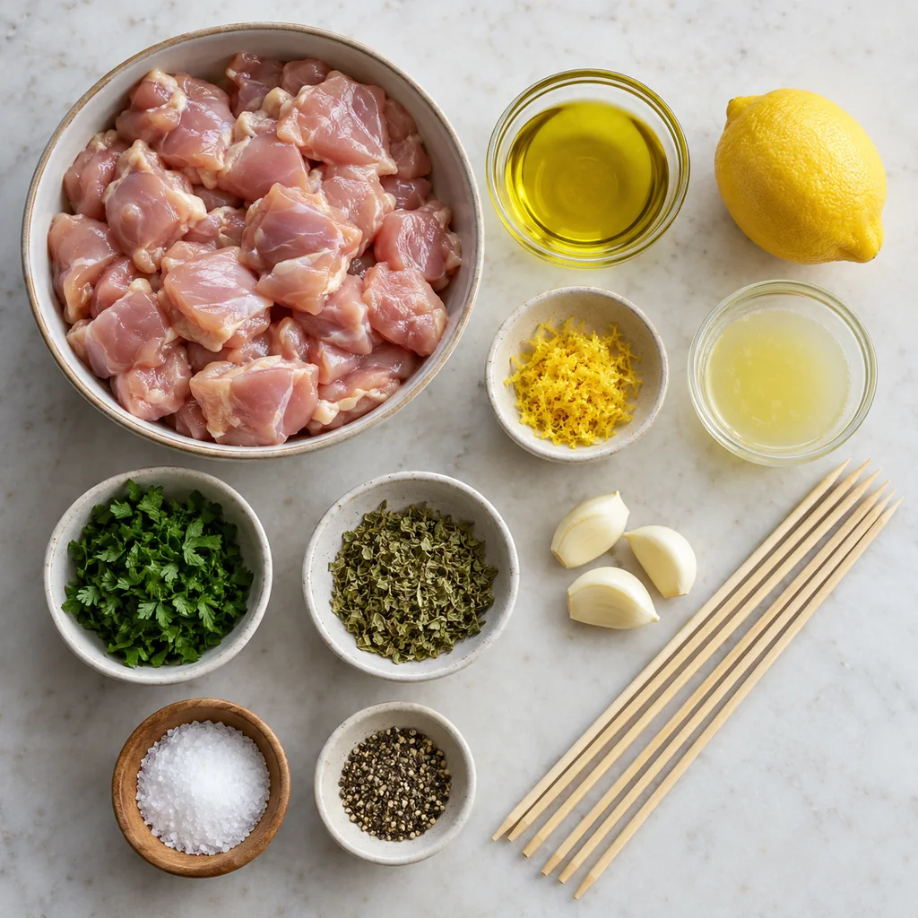 Chicken thighs, olive oil, lemon, garlic, parsley, oregano, salt, pepper and wooden skewers