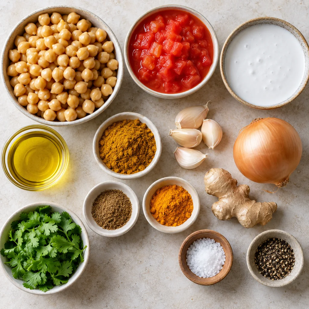 Chickpeas, tomatoes, coconut milk, onion, garlic, ginger, spices, olive oil and cilantro