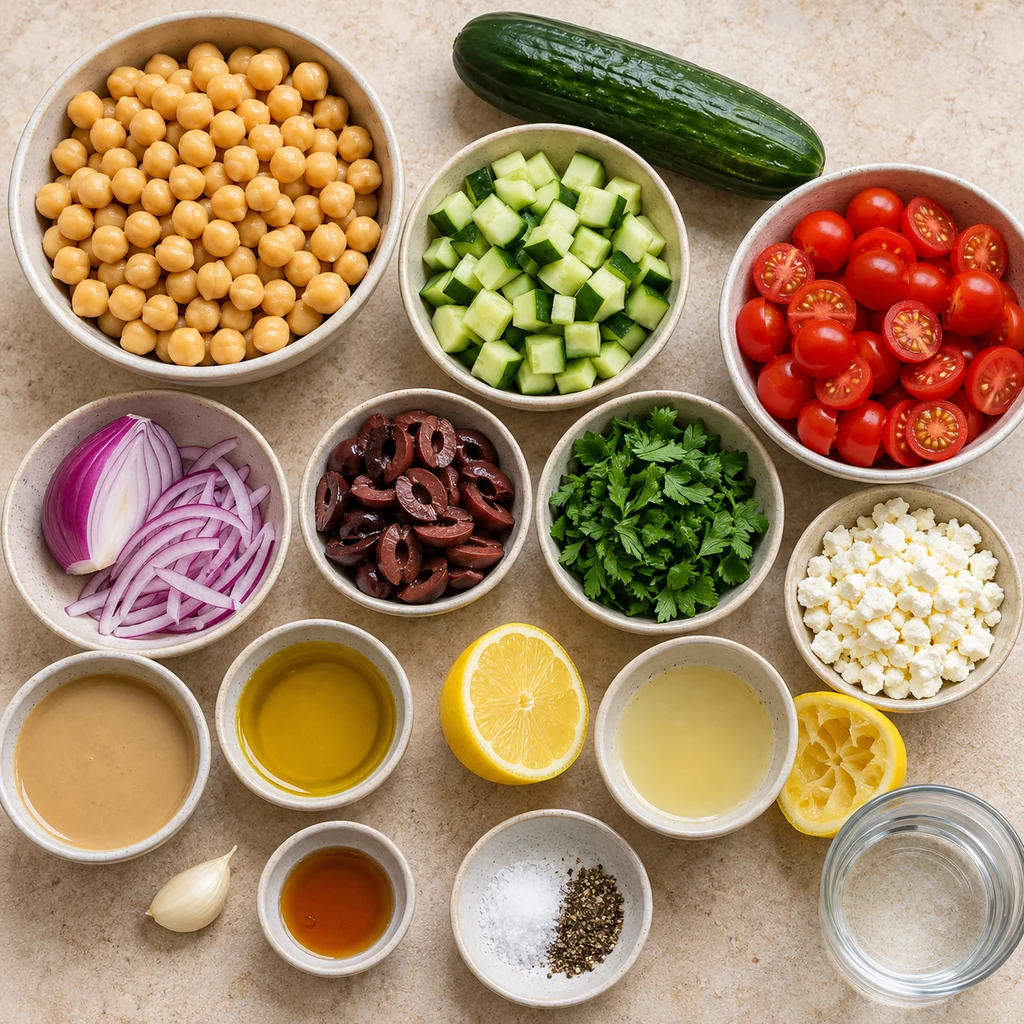 Chickpeas, cucumber, cherry tomatoes, red onion, Kalamata olives, feta, parsley, tahini, lemon, olive oil and garlic arranged for the salad