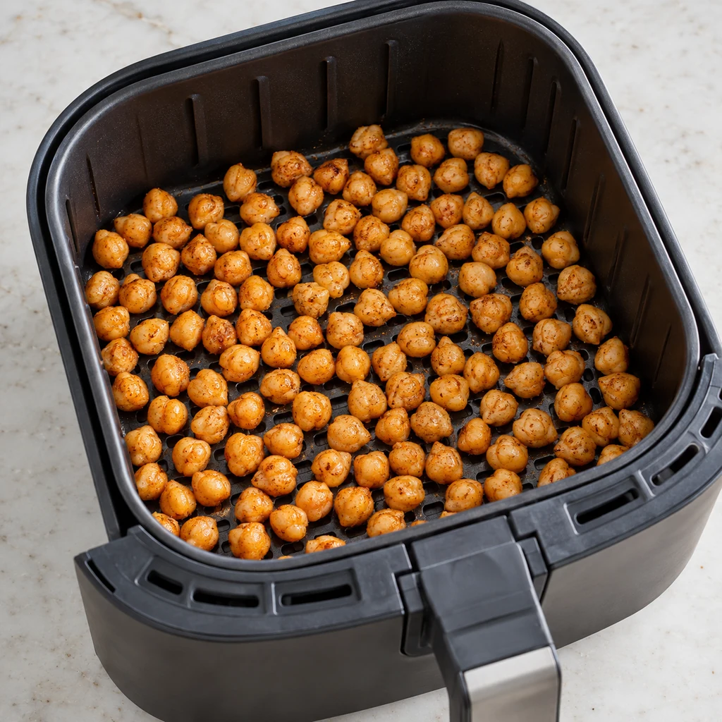 Seasoned chickpeas arranged in one layer in an air fryer basket