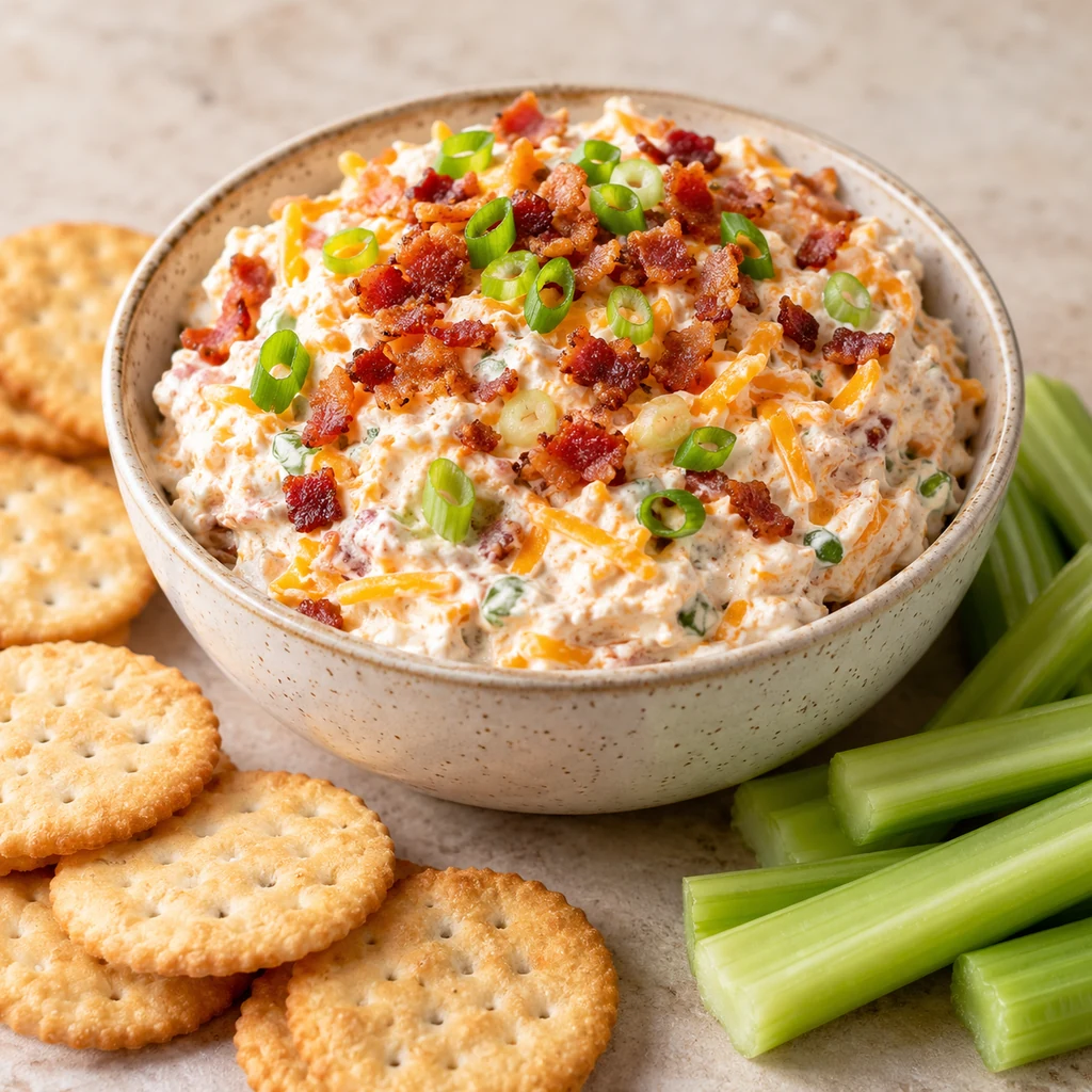 Chilled bacon and cheddar cheese dip topped with bacon and green onions