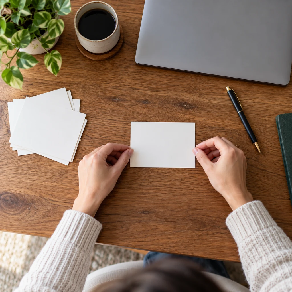 Hands placing one blank priority card at the center of a wooden desk