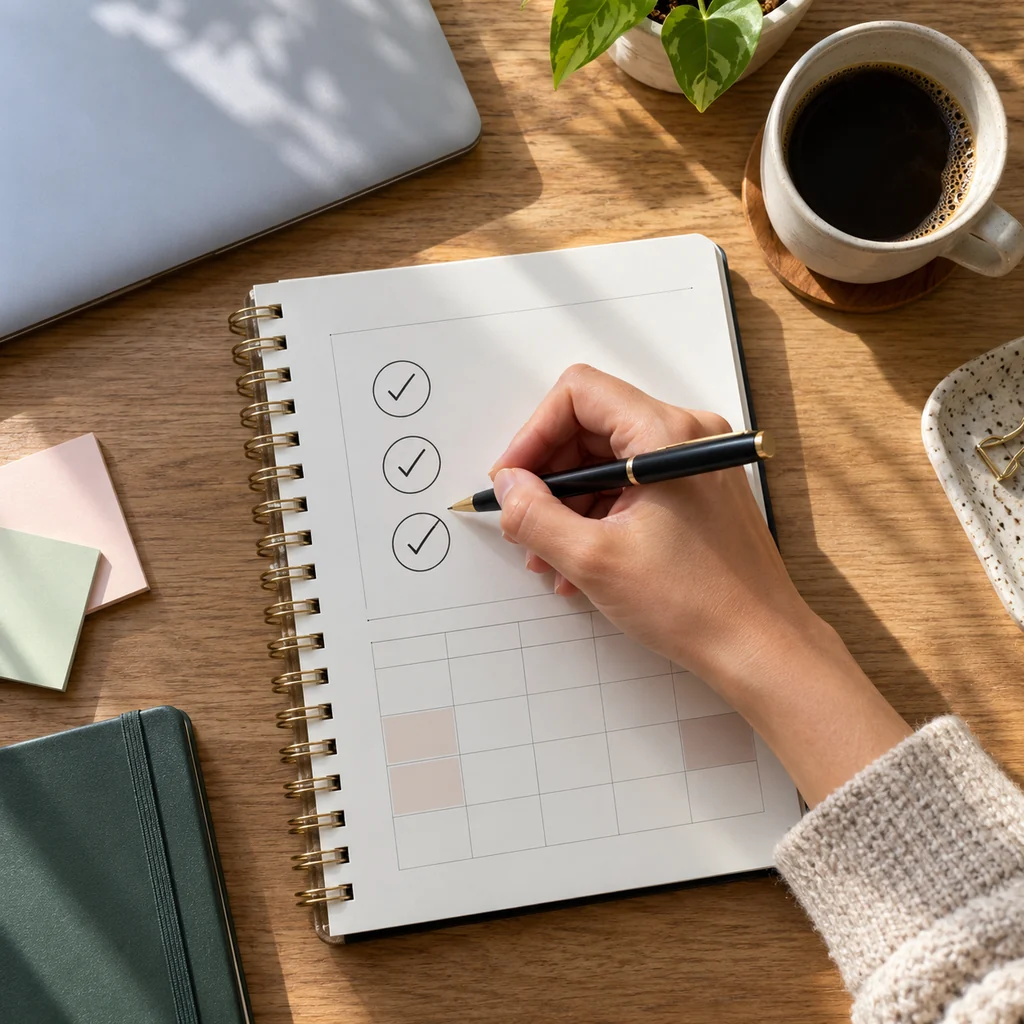 Hand selecting three priority check circles in a clean daily planner beside a closed laptop