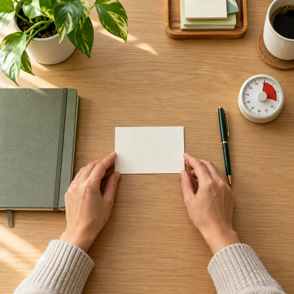 Hands placing one blank priority card at the center of a clear desk