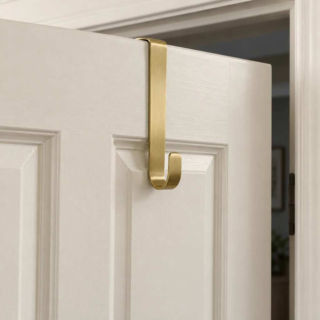 Slim brass over-door hanger fitted over the top edge of a partly open cream door