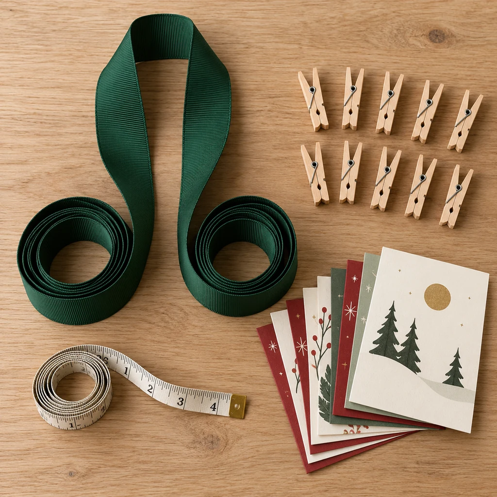 Folded green grosgrain ribbon, small wooden clothespins, measuring tape and holiday cards on a table