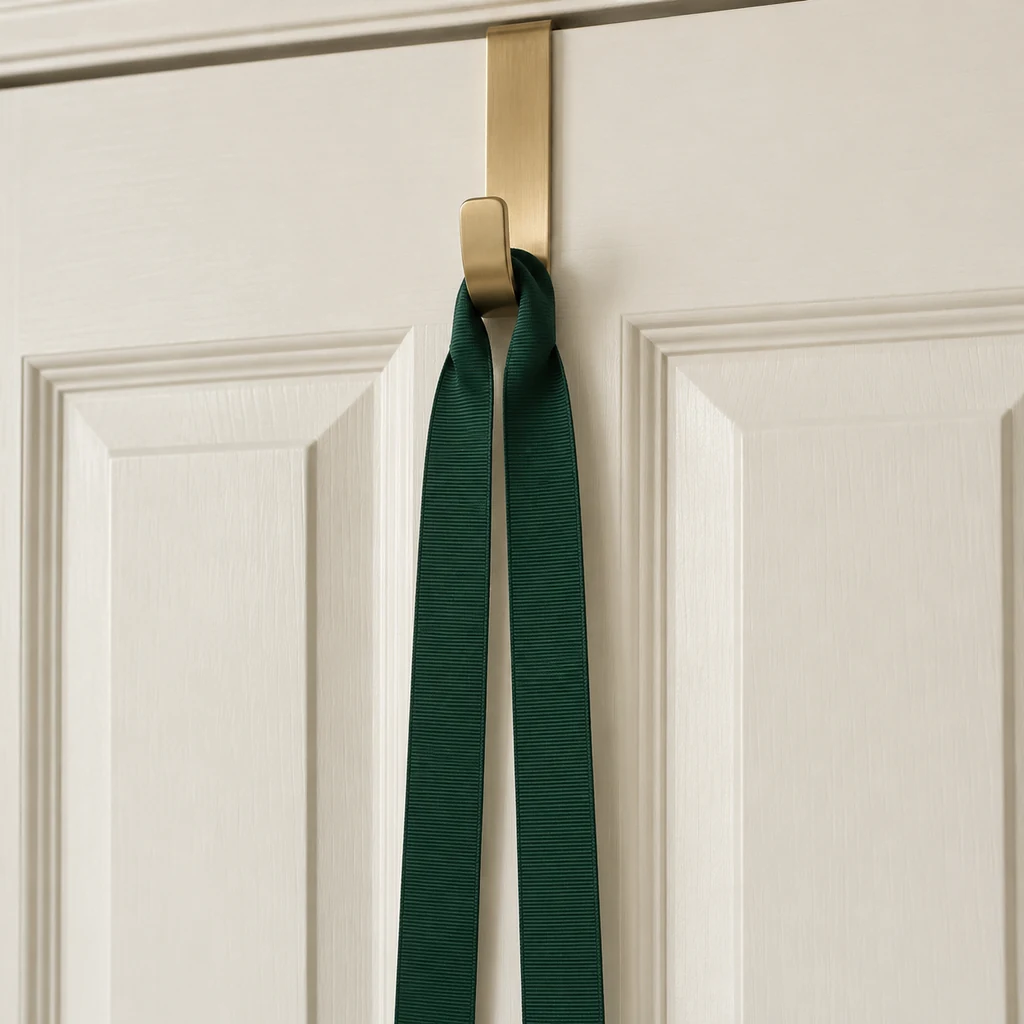 Folded green ribbon draped over a brass over-door hook with two equal tails hanging down