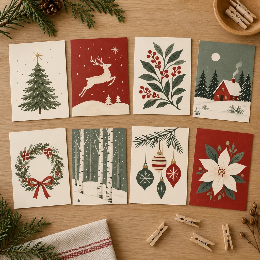 Eight holiday greeting cards arranged in two balanced groups of four on a wooden table