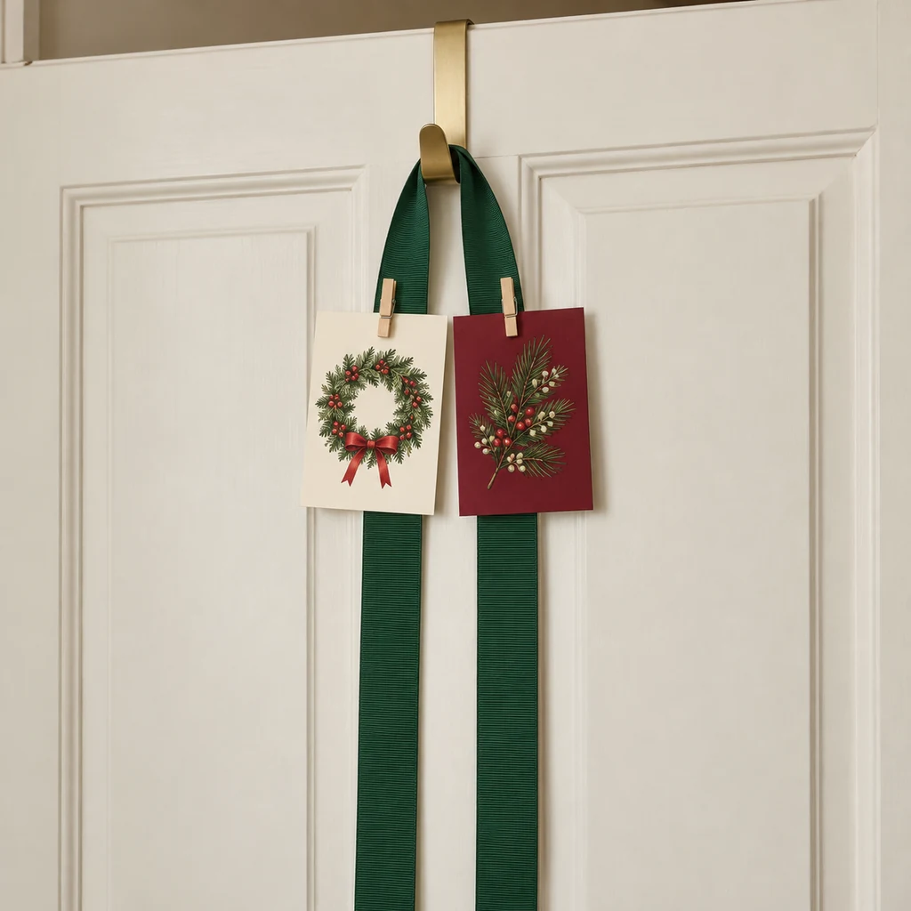 First two Christmas cards clipped to opposite green ribbon tails on a cream door