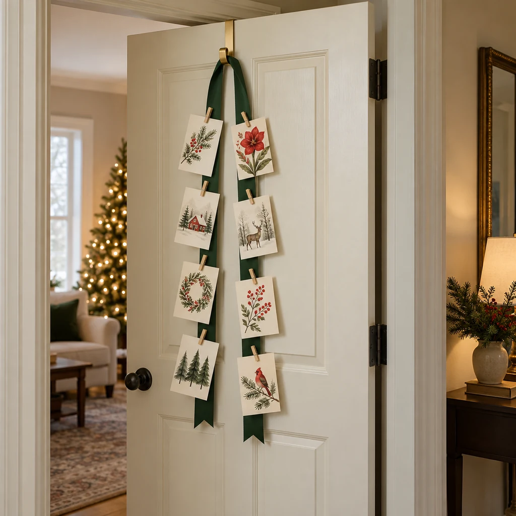 Open cream interior door with eight holiday cards clipped evenly to two green ribbon tails