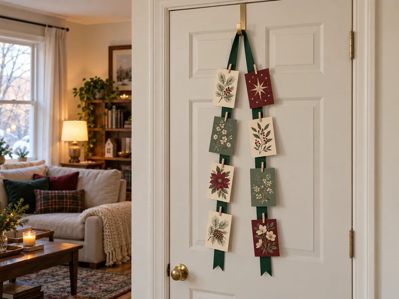 Eight holiday greeting cards clipped to two green ribbon tails hanging from a brass hook on an interior door.