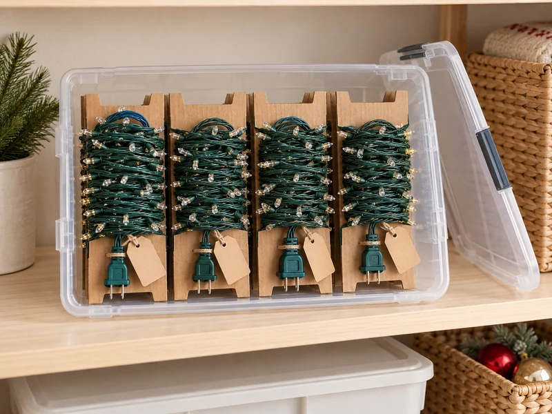 Clear storage bin holding Christmas light strands on individual cardboard wraps
