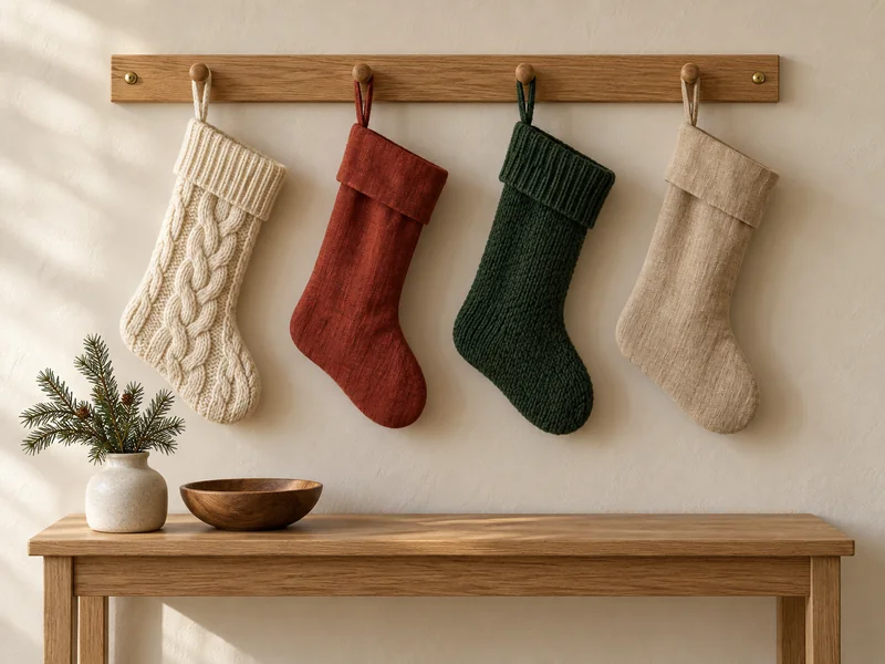 Four Christmas stockings hanging from an oak peg rail above a simple console without a mantel