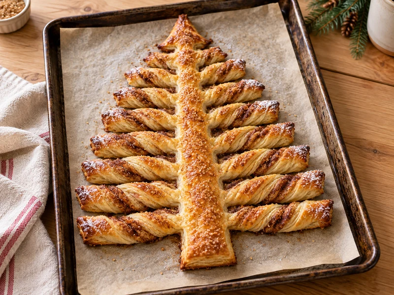 Golden cinnamon sugar puff pastry Christmas tree with twisted pull-apart branches