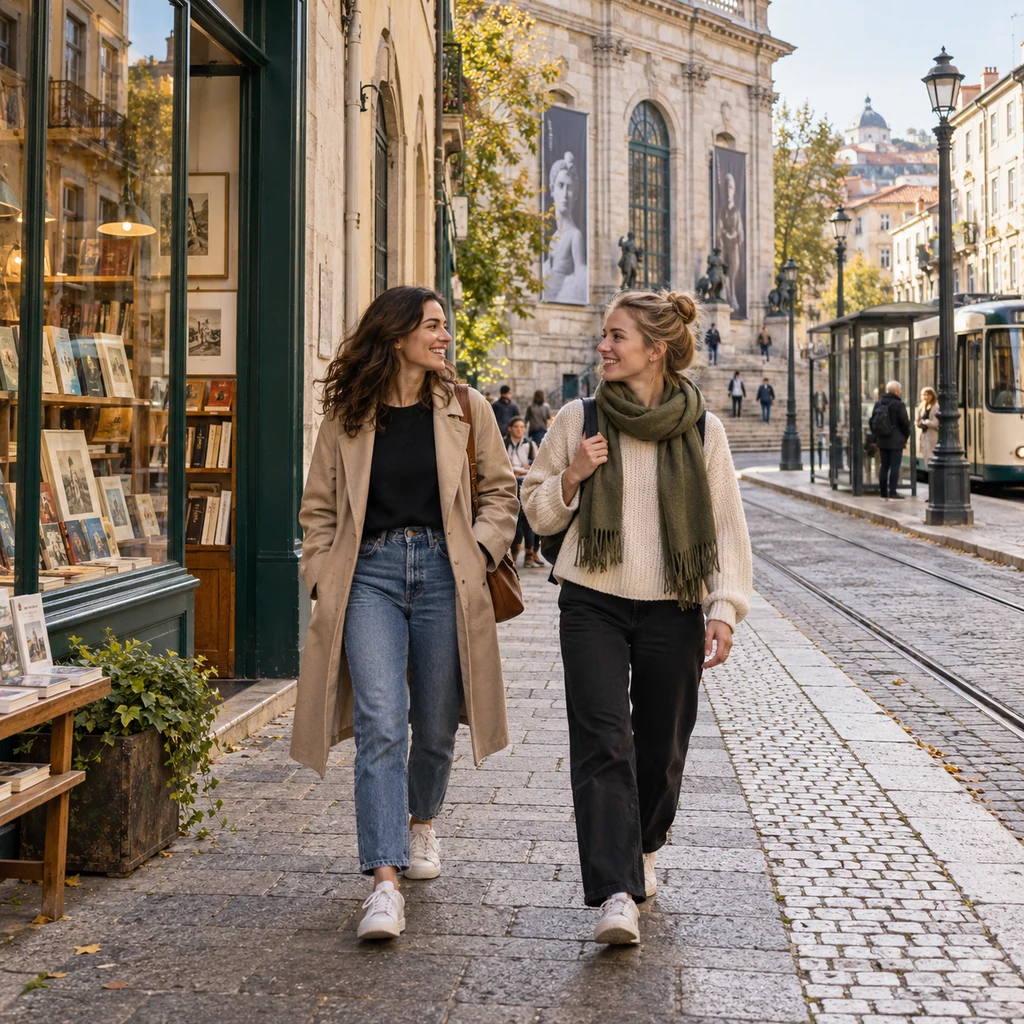 Friends exploring a walkable cultural district on a city weekend